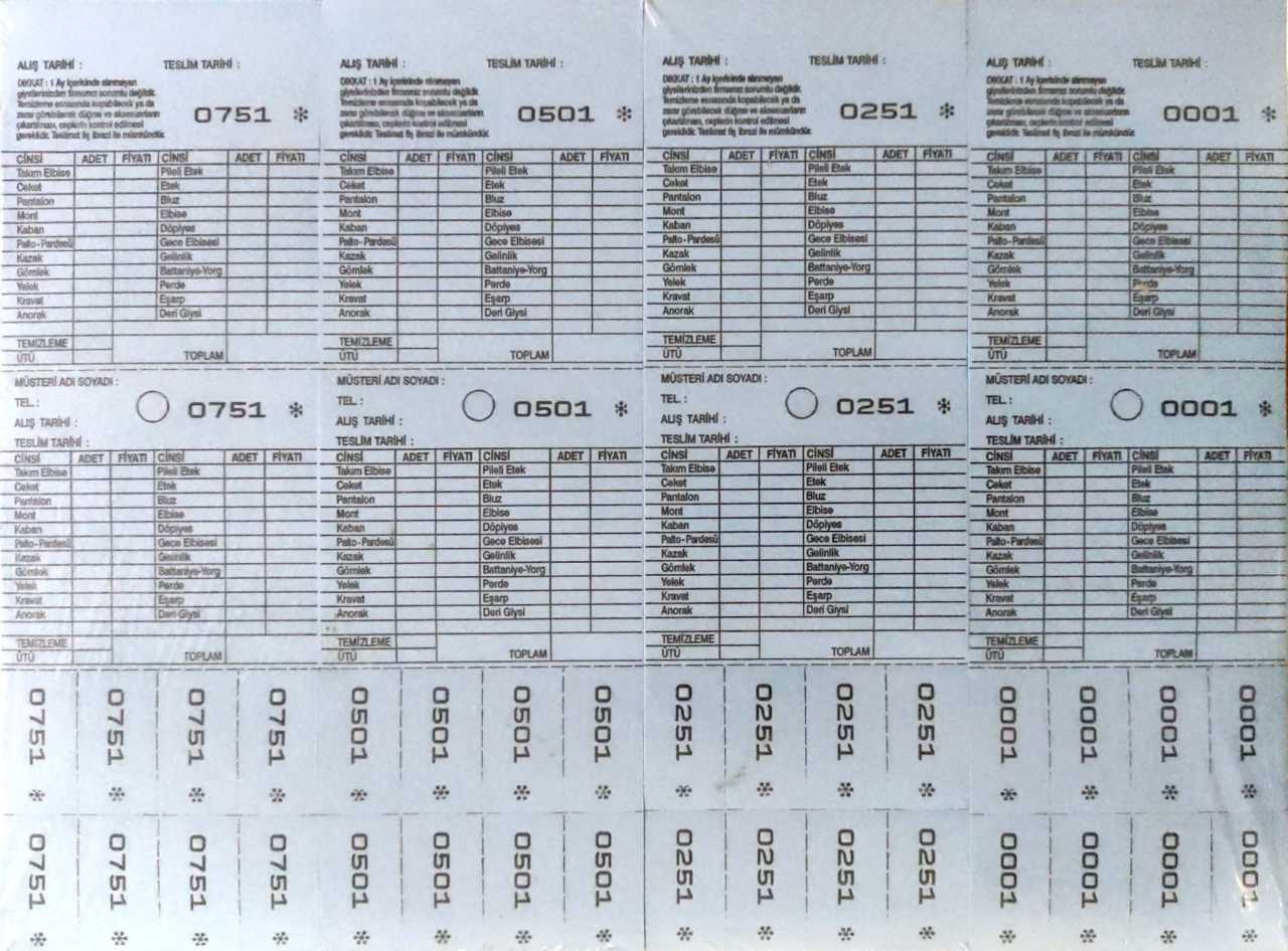 Kuru Temizleme Teslimat Fişi, 1000lik cilt Fiber Etiket, Hydrofix, Fiber Etiketleme